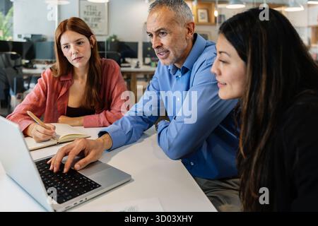Vielseitiges Geschäftsteam, das in modernen Büros an Notebooks arbeitet Stockfoto