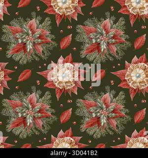 Vintage Weihnachten nahtlose Muster von roten Weihnachtsstern Blumen, stechpalme Blätter mit Beeren, Fichtenzweige Spitze Schleifenbrosche mit Seideneinsatz in Beige mit Stockfoto