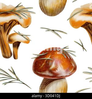 Nahtloses Herbstmuster mit Pfifferlingen, braunem Birkenboletus, rotem Kappenboletuspilz mit Kiefernnadeln, die als Symbole der herbstlichen Gelassenheit dienen Stockfoto