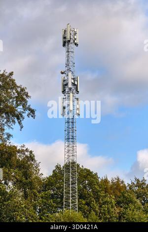 Langelo, Niederlande; 10. Oktober 2025: Hoher Telekommunikationsmast mit mehreren Antennentafeln und Mikrowellenverbindungen in der Nähe des NAM-Gasspeichers Stockfoto