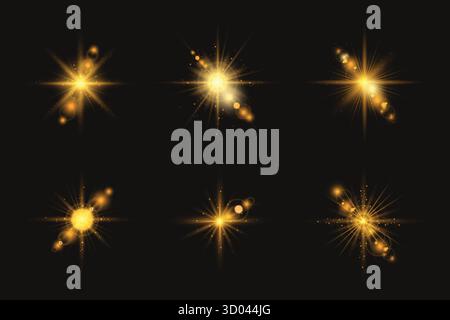 Goldene, luxuriöse Sterne mit Lichterscheinungen. Goldene leuchtende Lichter und Sternenstrahler auf dunklem Hintergrund, luxuriöse helle Linsenflecke Stock Vektor