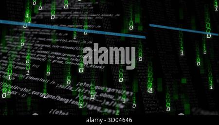 Kaskadierende grüne Binärziffern über weißen Code im Cyberspace, mit digitalen Blöcken und blauen Balken Stockfoto