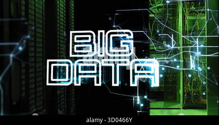 Anzeige von leuchtenden BIG-DATA-Overlays auf Server-Racks im Rechenzentrum mit Kabeln und blinkenden LEDs Stockfoto