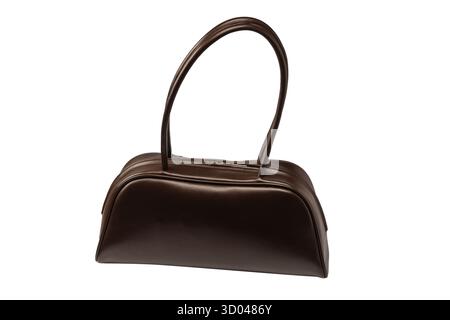 Bowling Browm Ledertasche isoliert auf weißem Hintergrund. Trendige Damentasche. Stockfoto