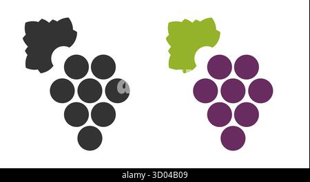 Satz von Strichsymbolen, die Trauben in verschiedenen Farben darstellen, mit schwarzen, grünen und lila Mustern. Diese Symbole können für verschiedene Zwecke im Grafikdesign und Branding verwendet werden. Stock Vektor