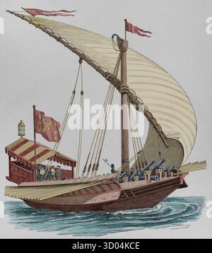 Päpstliche Galeere mit großen Stangen, Segeln, Rudern und schwerer Artillerie. Version eines Stiches von Frans Huys (ca. 1522–1562) aus dem 19. Jahrhundert 1550 nach einer Zeichnung von Brueghel dem Älteren (ca. 1525–1569). "Vie Militaire et Religieuse au Moyen Age et à l'Epoque de la Renaissance". Paris, 1877. Farbig. Stockfoto