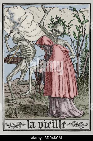 Die Alte Frau. Der Tod wird dargestellt, indem er eine alte Frau führt, die mit Hilfe eines Stock geht und einen Rosenkranz in der Hand hält. Ein weiteres Skelett führt den Weg, während es ein musikalisches Perkussionsinstrument spielt. Faksimile eines Stiches aus der Serie „der Tanz des Todes“ von Hans Holbein dem Jüngeren in „Les Simulachres et Histoires facées de la Mort“, 1538. "Vie Militaire et Religieuse au Moyen Age et à l'Epoque de la Renaissance". Paris, 1877. Farbig. Stockfoto