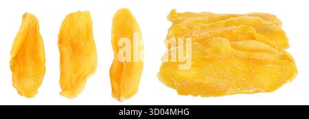 Getrocknete Mango isoliert auf weißem Hintergrund. Draufsicht. Flache Lagen Stockfoto