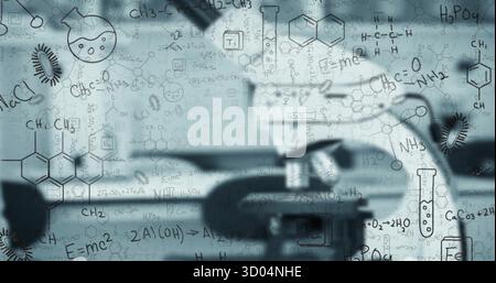 Pipettieren des Reagenzes mit Handschuhen in das Reagenzgestell am Labortisch mit chemischen Überlagerungen Stockfoto