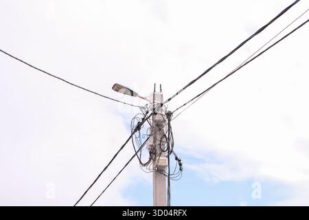 Russland, Sankt Petersburg, 23.08.2025 Elektrischer Straßenmast mit komplexes Netz aus verwickelten Drähten und Kabeln, neben einer Straßenlaterne gegen eine helle Stockfoto