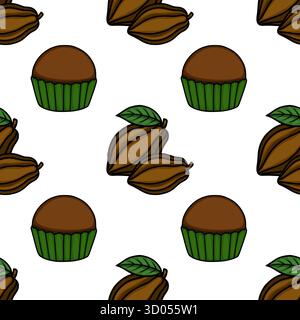 Ein entzückendes nahtloses Vektormuster mit stilisierten Kakaoschoten mit Blättern und Schokoladen-Cupcakes in einem verspielten, handgezeichneten Cartoon-Stil auf einer Clea Stock Vektor