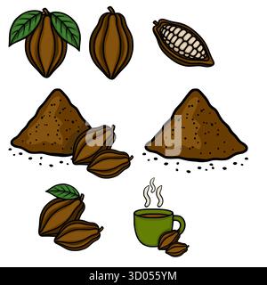 Eine bezaubernde Vektor-Illustration mit Kakaoschoten, Bohnen und einer dampfenden Tasse heißer Schokolade, perfekt für Speisen und Getränke bezogene Designs. Stock Vektor