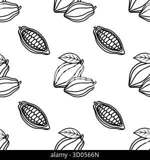 Nahtloses Vektormuster mit handgezeichneten Kakaoschoten und Bohnen, mit Fokus auf ihre innere Struktur und zarte Blätter, präsentiert in einem sauberen, Stock Vektor