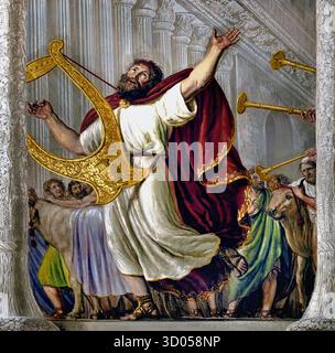 David im Zimmer der Arche Pitti Palace Florenz Italien von Giovanni Battista Caracciolo (Battistello) 1578 - 1635 17. 1816, die Decke wurde von Luigi Ademollo 1764 Fresken - 1849 mit Noah eingabe David im Raum Jerusalem mit der Arche (die Lade des Bundes - Lade des Zeugnisses) ist ein Gold - überdachte hölzerne Truhe mit Deckel im Buch Exodus als enthalten die beiden steinernen Tafeln der Zehn Gebote beschrieben. Stockfoto