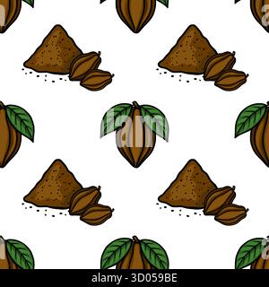 Ein bezauberndes Vektormuster mit stilisierten Kakaoschoten und Haufen Kakaopulver, perfekt für lebensmittelbezogene Designs. Stock Vektor