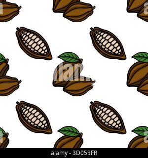Nahtloses Vektormuster mit stilisierten Kakaoschoten und geteilten Hälften mit sichtbaren Bohnen, akzentuiert von grünen Blättern auf einem sauberen weißen Hintergrund. Stock Vektor