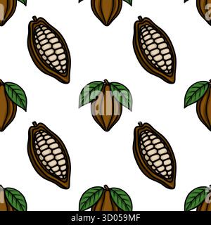 Nahtloses Vektormuster aus stilisierten Kakaoschoten mit sichtbaren Bohnen und grünen Blättern, vor einem weißen Hintergrund, das an ein natürliches und handwerkliches Fo erinnert Stock Vektor