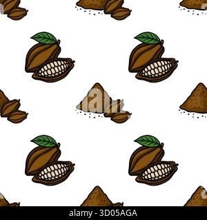 Nahtloses Vektormuster mit handgezeichneten Kakaoschoten und Kakaopulver, das an ein reichhaltiges, natürliches und süßes Süßwarenthema erinnert. Stock Vektor