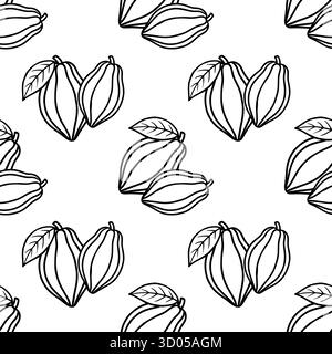 Nahtloses Vektormuster aus stilisierten Kakaoschoten mit Blättern, gerendert in einem klaren, minimalistischen Schwarz-weiß-Linienstil für eine grafische und moderne AE Stock Vektor