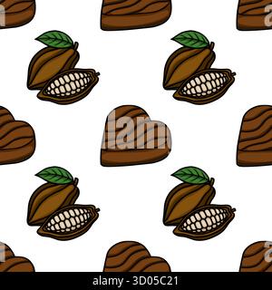Ein bezauberndes, nahtloses Vektor-Muster mit stilisierten Kakaoschoten, eine aufgeteilte, um die Bohnen freizulegen, und herzförmige Schokolade, alle in einem W dargestellt Stock Vektor