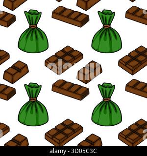 Ein entzückendes isometrisches Vektormuster mit satten braunen Schokoladenriegeln und leuchtend grünen Bonbonverpackungen, perfekt für das Branding von Süßwaren und pac Stock Vektor