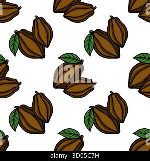 Nahtloses Vektormuster aus stilisierten braunen Kakaoschoten mit grünen Blättern, das ein einfaches, sich wiederholendes Design zeigt, das perfekt für Lebensmittelhintergründe geeignet ist. Stock Vektor