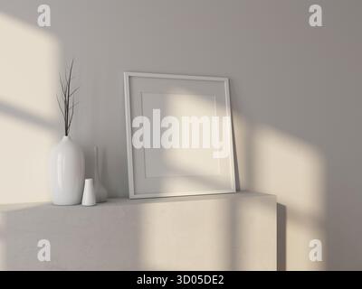 White Square Art Poster Rahmen Mockup mit passepartout im Zimmer mit Schatten vom Fenster. 3D-Rendering Stockfoto
