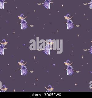 Halloween Aquarell nahtlose Musterillustration auf lila Hintergrund mit goldenem Stern, lila Herzen, Fee oder Hexe im Hut, mit rotem Haar auf einem Stockfoto