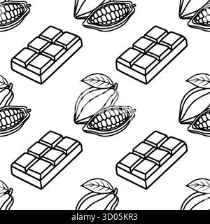 Ein minimalistisches isometrisches Schwarz-weiß-Vektormuster mit stilisierten Kakaoschoten und Schokoladentafeln, ideal für Hintergründe und Texturen. Stock Vektor