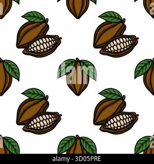 Nahtloses Vektormuster von Kakaoschoten mit freiliegenden Bohnen und grünen Blättern, gerendert in einem charmanten, handgezeichneten Stil auf weißem Hintergrund. Stock Vektor