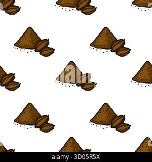 Ein sich wiederholendes Vektormuster aus Kakaoschoten und sattem braunem Kakaopulver, das einen warmen, erdigen Hintergrund schafft. Stock Vektor