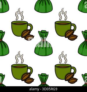 Nahtloses Vektormuster mit dampfenden Kaffeetassen mit Kakaobohnen und grünen Süßigkeiten. Stock Vektor
