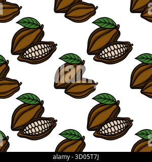 Nahtloses Vektormuster mit stilisierten braunen Kakaoschoten mit sichtbaren weißen Bohnen innen, akzentuiert von leuchtend grünen Blättern auf einem sauberen weißen Hintergrund Stock Vektor