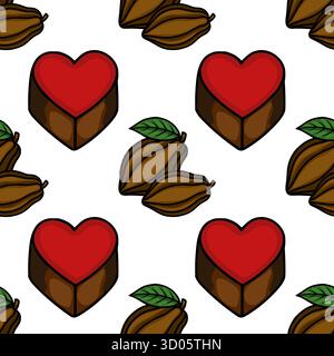 Ein bezauberndes Vektormuster mit herzförmigen Pralinen und Kakaoschoten, perfekt für Süßwaren-Branding und süße Designs. Stock Vektor