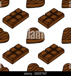 Nahtloses Vektormuster mit isometrischen Milchschokoladenriegeln und herzförmigen Pralinen mit gewellten Details, perfekt für Süßwaren-Branding und Stock Vektor