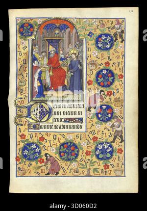 Beleuchtete Manuskriptseite aus dem Stundenbuch der Marguerite d’Orléans (Folio 135r), die Pontius Pilatus zeigt, wie er seine Hände vom Schicksal Jesu wäscht. Die umliegenden Grenzen zeigen Bauern, die Buchstaben des Alphabets und Blumenmotive sammeln. Wappen der Bretagne und der Orléans sind in der dekorierten Initiale zu sehen. Frankreich, ca. 1426–1438. Stockfoto