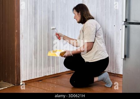 Die Wände scheinen kurz vor der Fertigstellung mit weißer Farbe teilweise beschichtet zu sein, der Maler arbeitet aus der unteren Position mit einer kleinen Rolle, die die gelbe Schale nahe an der Zunge hält Stockfoto