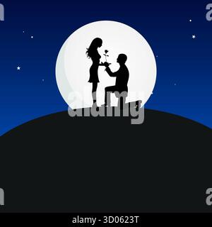 Romantische Silhouette eines Paares während eines Heiratsantrags bei Vollmond bei Nacht, der einen Mann zeigt, der kniet und einer Frau auf einem Hügel einen Ring anbietet Stockfoto