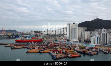 BUSAN, SÜDKOREA - 9. OKTOBER 2025 - Busan Hafen voller Schiffe, Binnenschiffe und einer Werft vor der Kulisse der Stadt Stockfoto