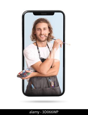 Junger männlicher Künstler auf dem Bildschirm eines großen Mobiltelefons vor weißem Hintergrund Stockfoto
