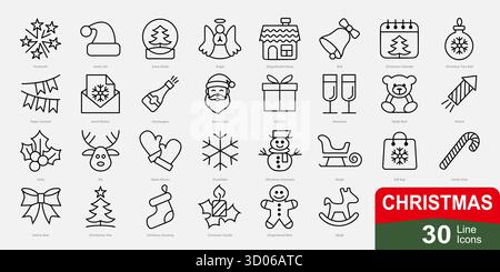Ein sauberes und modernes Set mit 30 Weihnachtssymbolen. Minimale Umrissvektorillustrationen mit Weihnachtsmann, Schneemann, Rentier, Geschenkbox, Schneeflocke, Stock Vektor