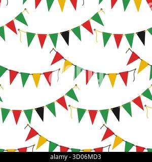 Rot Grün Gelb Schwarze dreieckige Wimpelgirlanden auf Seile nahtlose Muster Kwanzaa festliche Kulisse. Isolierte Vektor-Illustration Kwanzaa oder Geburtstagskarten Party Einladung Banner, Flugblätter, Etikett Stock Vektor