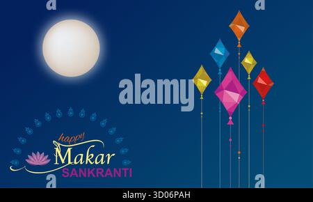 Happy Makar Sankranti Tradizional Indian Festival, Gruppe farbenfroher Drachen, die den blauen Himmel fliegen. Bannerdesign, Hinduerntefeiertag, gefeiert Stock Vektor
