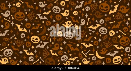Orange Trendiges Nahtloses Halloween-Design Für Urlaub Oder Party Vektor-Hintergrund Mit Ausgefallenen Elementen Stock Vektor