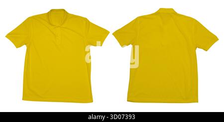 Gelbes Poloshirt mit Vorder- und Rückansicht isoliert auf weißem Hintergrund, perfekt für Modedesign, einheitliche Präsentation, Bekleidungs-Branding und Mo Stockfoto