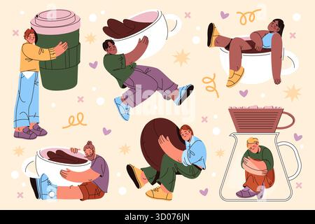 Kaffeeliebhaber. Vektor-Schild für Heißgetränke zum Mitnehmen. Poster für Coffeeshop oder Bistro, Café oder Energy-Drink-Laden. Morgens täglich Koffein. Mokka- und Cappuccino-Schild. Cartoon-Symbol für Latte Becher. Barista. Stock Vektor