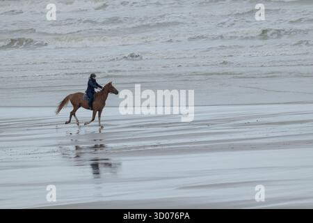 Friedlicher Reiten am Strand - ruhige Reitmomente am Meer unter einem bewölkten Himmel in natürlichem Licht Stockfoto