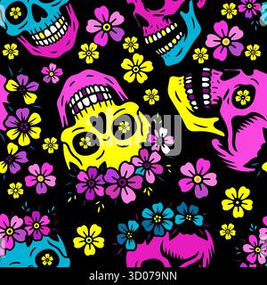 Nahtlose Muster aus mexikanischem Papel - verzierte Randausschnitte mit Totenkopfmotiven, Blumenmustern und dekorativen Kanten in Blau und Rosa Stock Vektor