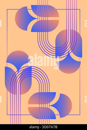 Vertikales abstraktes Poster mit abgerundeten geometrischen Formen und parallelen Bögen in violettem Blau zu rosa Verläufen auf weichem pfirsichfarbenem Hintergrund mit dünnem Rahmen Stock Vektor