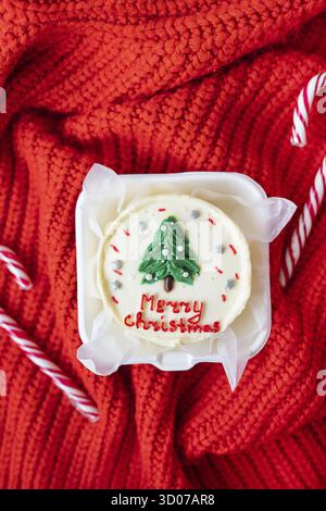 Ein kleiner Kuchen mit den Worten Frohe Weihnachten und einer Zeichnung eines Weihnachtsbaums liegt auf einer roten Decke zusammen mit Zuckerstangen. Ansicht von oben Stockfoto